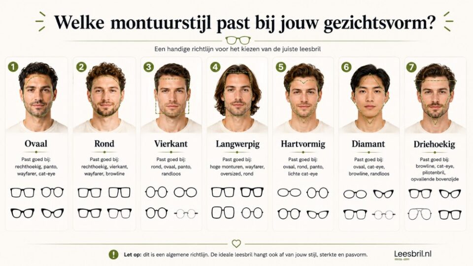 Overzicht welke montuurstijlen passen bij verschillende gezichtsvormen bij mannen
