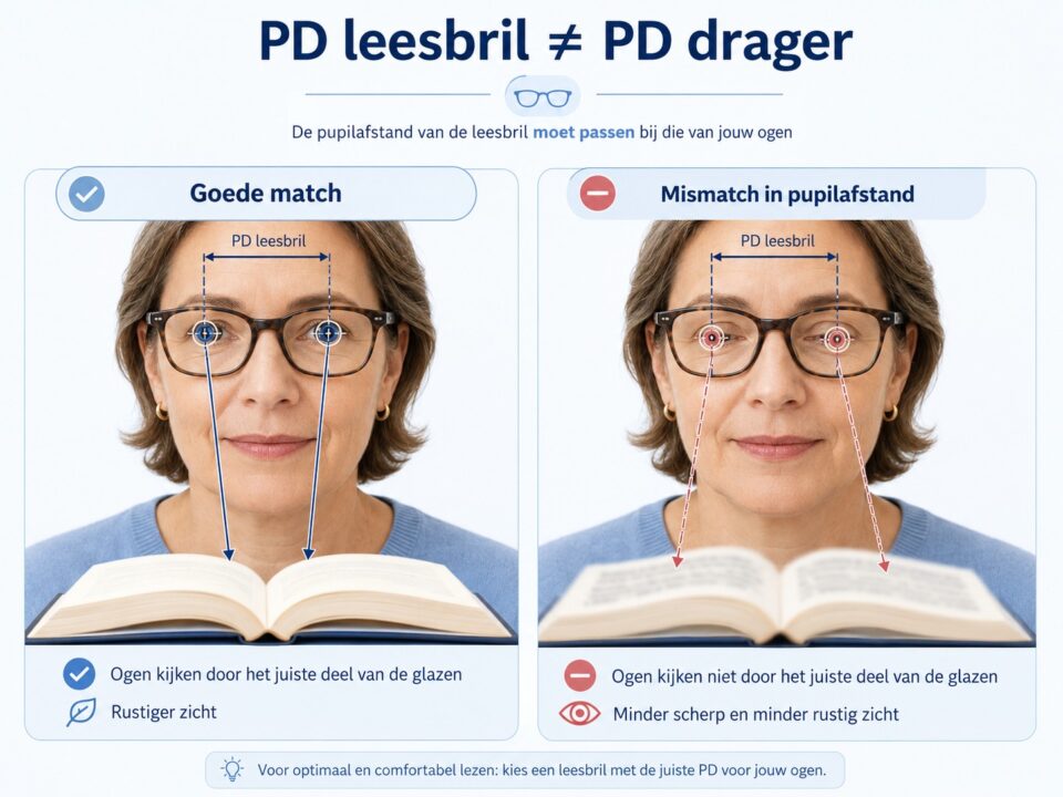 Illustratie die laat zien hoe de ogen door het juiste deel van de glazen van een leesbril kijken voor rustiger kijkcomfort.