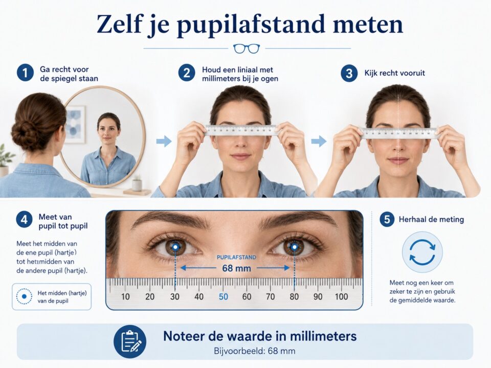 Meet eenvoudig je pupilafstand voor een leesbril. Lees wat PD betekent, waarom standaard leesbrillen vaak rond 62 mm zitten en wanneer extra nauwkeurig meten verstandig is.